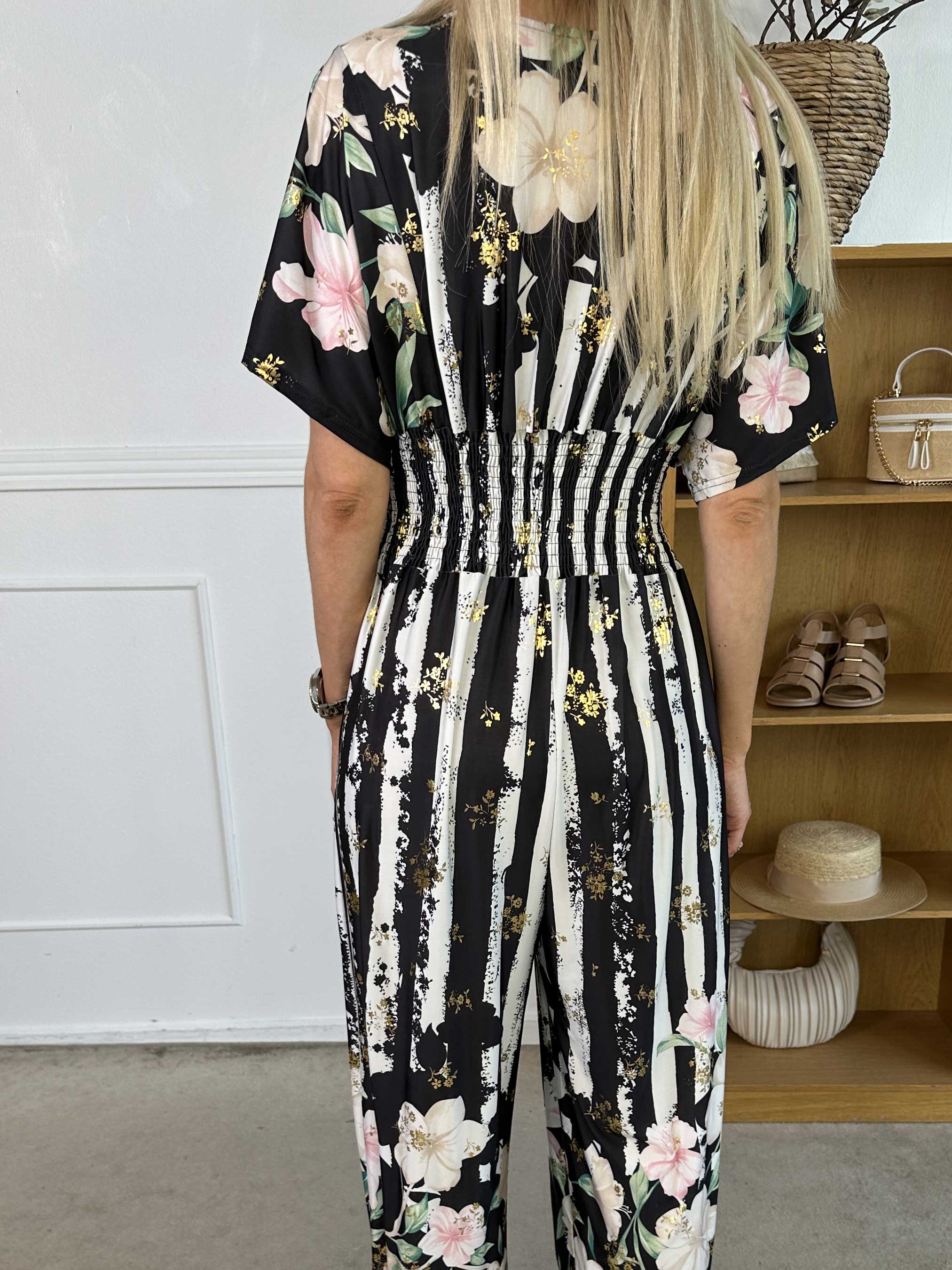 Pams Floral Stripe Jumpsuit - Elastisk buksedragt med blomstermotiver